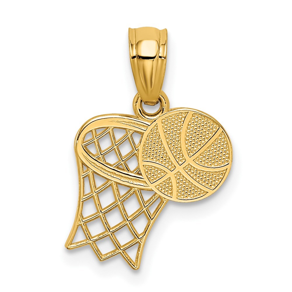 14k Yellow Gold Genuine Sports Basketball and Hoop Necklace Charm Pendant